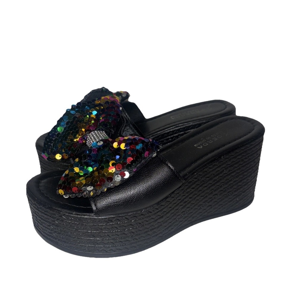 Women's Black Sandal Heels Size 8.5 39 Black Bow Sequin Y2k Chunky Platform Tren